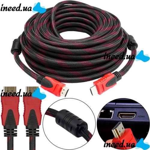 Усиленный кабель Hdmi to Hdmi 25м 1080p в обмотке Кабель-удлинитель HDMI-HDMI 25m 25 m, 25 м для монитора и телевизора в оплетке Черно Красный