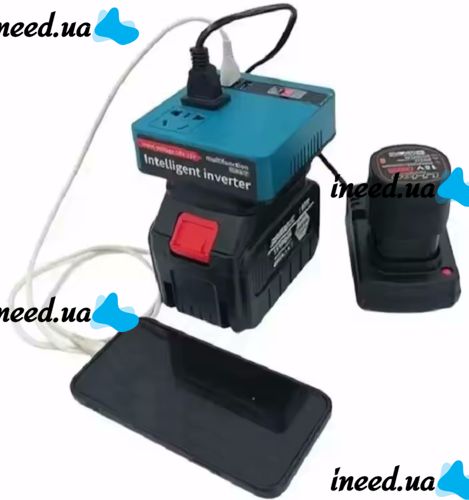 Повышающий аккумуляторный преобразователь Makita 18V-21V в 220V, Инвертор напряжения 18-21В в 220В 3USB 2 розетки от аккумуляторной батареи Синий