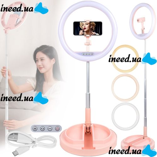 Настольная кольцевая LED лампа на штативе Live Light JM-01 29 см селфи кольцо с подсветкой и держателем для телефона для фото и видео USB Розовое
