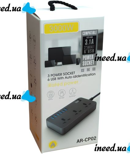 Сетевой фильтр Power Socket AR-CP02 3000W на 3 розетки 6 USB 1.8 м электрический удлинитель переноска с выключателем для подключения приборов к сети