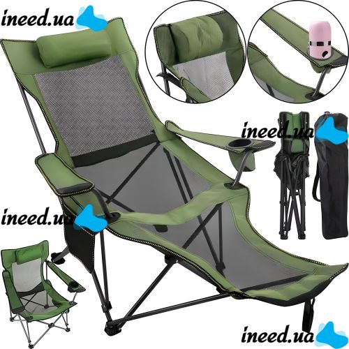 Раскладное кресло шезлонг Lesko SW233 Green до 150 кг с подстаканником для кемпинга 170x62 см, Складной лежак раскладушка для дачи в чехле Зеленый