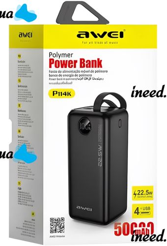 Внешний аккумулятор повербанк Power Bank Awei P114K 50000 mAh 22.5W портативное зарядное устройство для телефона с быстрой зарядкой и дисплеем 4 USB 