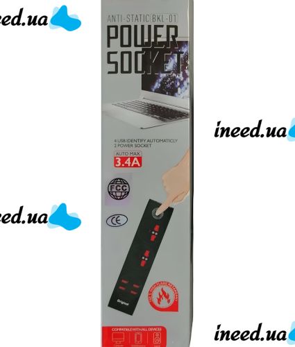 Сетевой удлинитель Power Socket BKL-01 2500W 3.4А на 2 розетки 4 USB 2 м фильтр переноска с выключателем для подключения приборов к сети Черный