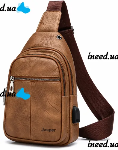 Мужская сумка слинг Jasper L99810-b бананка через плечо на 2 отделения с USB портом, нагрудная сумка Джаспер из искусственной кожи Коричневая