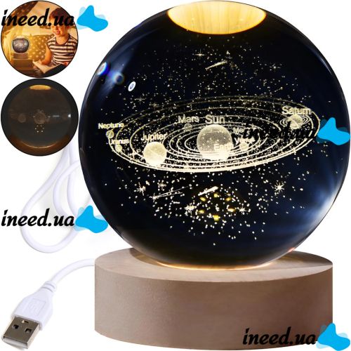 Кришталева куля-нічник Сонячна система 3D Planet Solar System M-8061S світлодіодний LED нічник, Скляна куля світильник на акумуляторі від USB