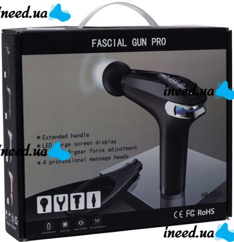 Ручний масажний пістолет Fascial Gun Pro HB-005 Black 4 насадки, бездротовий перкусійний вібромасажер для всього тіла на акумуляторі Чорний