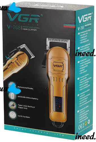 VGR V-268 10W cordless hair trimmer, 3 interchangeable attachments, cordless men's beard and moustache trimmer with LED display USB
