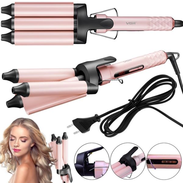 VGR V-593 100W 26mm Ceramic Triple Wave Curling Iron VGR V-593 100W Triple Wave Curling Iron for 3 waves, a device for styling and tousling Hollywood curls Beige
