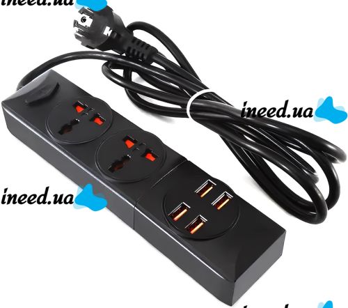 Сетевой удлинитель Power Socket BKL-01 2500W 3.4А на 2 розетки 4 USB 2 м фильтр переноска с выключателем для подключения приборов к сети Черный