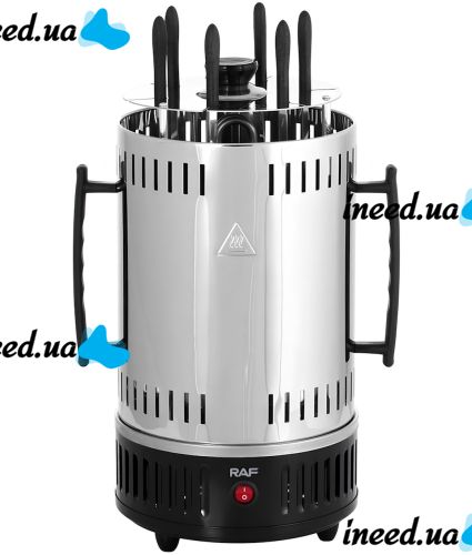 Вертикальная электрошашлычница RAF R.8612 1000W на 6 шампуров, электрическая настольная шашлычница со съемным поддоном и защитным кожухом для дома