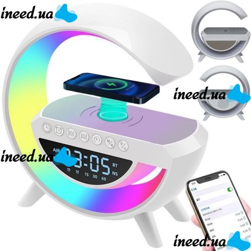 Desktop Smart Lamp Night Light 4 In 1 RGB BT-3401 Rechargeable with 15W Wireless Charging and Bluetooth Speaker, Light Sound Speaker White