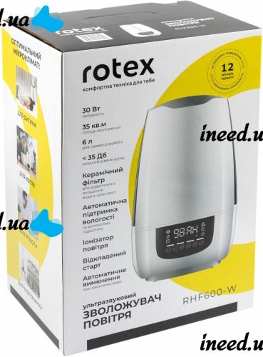 Rotex RHF-600-W Ultrasonic Humidifier for 6 liters 35 sq.m Ionizer Purifier with LED Display and 30W Water purification filter from the mains White