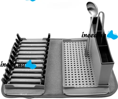 Настольная сушилка для посуды Scalable Drain Rack 0578 кухонный органайзер с поддоном и ковриком из микрофибры для хранения и сушки приборов Серый