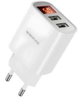 Сетевое зарядное устройство Borofone BA58A Mighty 2 USB 2.4A 12W адаптер питания на 2 порта с LED дисплеем, блок для зарядки телефона 12В Белый