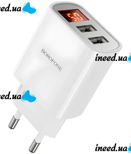 Сетевое зарядное устройство Borofone BA58A Mighty 2 USB 2.4A 12W адаптер питания на 2 порта с LED дисплеем, блок для зарядки телефона 12В Белый