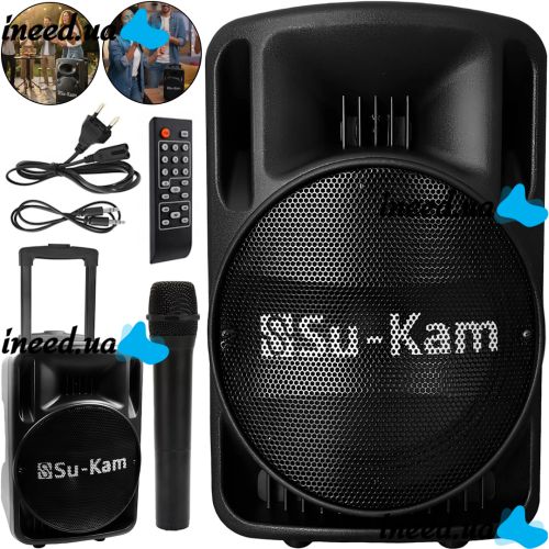 Аккумуляторная колонка караоке Su-Kam BT-100D 500W USB AUX SD портативная акустическая Bluetooth система с беспроводным микрофоном 12V/220V Черная
