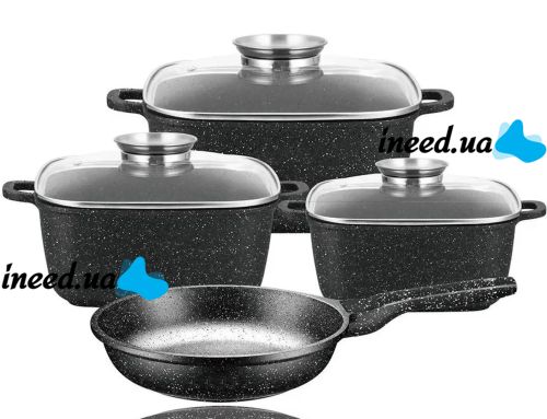 Кухонный набор посуды Bellmax Cookware Set BM-132 3 казана и сковорода для приготовления еды , Кастрюли с крышками и гранитным покрытием 9 предметов