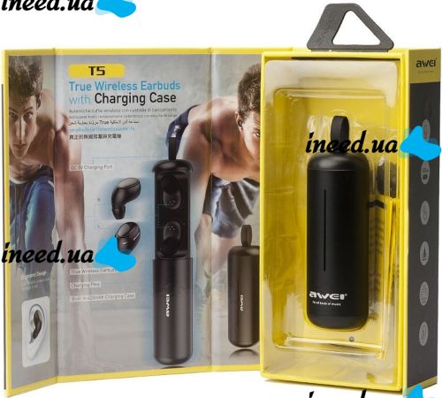 Беспроводные Bluetooth наушники с кейсом Awei T5 Black вакуумные наушники-гарнитура с шумоподавлением и микрофоном блютуз в чехле док-станция Черные
