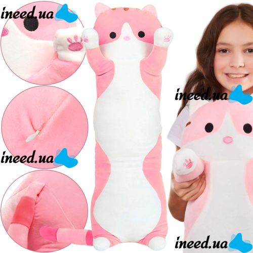 Мягкая плюшевая игрушка-подушка Кот Батон 50 см Pink детская подушка обнимашка котик, игрушечный длинный антистресс кот-батон от 3-х лет Розовый