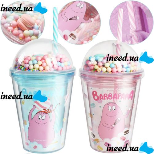 Cartoon Funny Cup 500 ml plastic Cup with double Walls, Lid, straw and rainbow balls for water and Hot Drinks