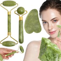 Large Jade Facial Massage Roller Set 3 in 1 Double-sided Roller Gouache Scraper, Roller, Skin Lifting Kit Hedgehog Smooth Scraper