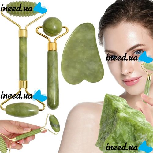 Large Jade Facial Massage Roller Set 3 in 1 Double-sided Roller Gouache Scraper, Roller, Skin Lifting Kit Hedgehog Smooth Scraper