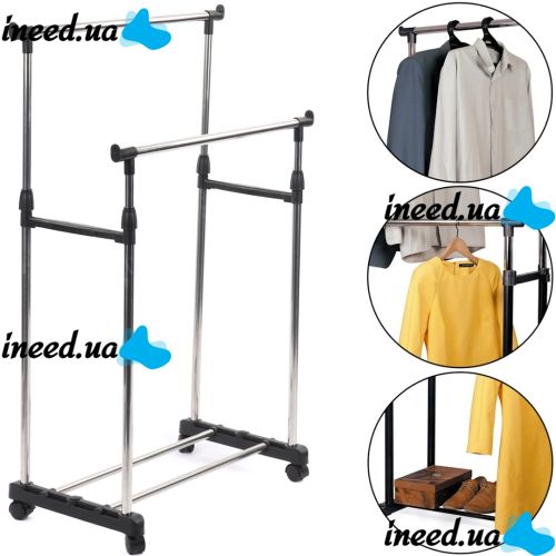Телескопічна стійка-вішалка для зберігання одягу та взуття Double Pole Clothes Horse підлогова пересувна стійка, подвійна вішалка на коліщатках