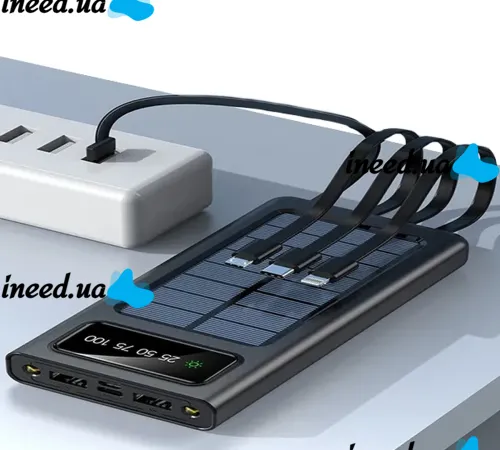 Зарядное устройство Power bank YM-485 Solar 10000 mAh c набором кабелей 4в1 Внешний аккумулятор на солнечной батарее Type-C MicroUSB Lightning
