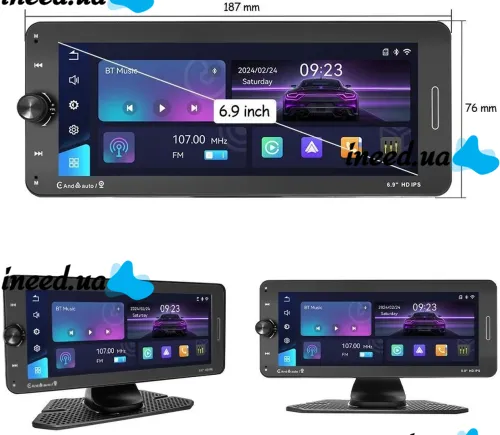 Автомобильный сенсорный монитор экран Carplay 601W 6.9" дюймов дисплей, Беспроводная автомобильная Bluetooth стереосистема FM IOS Android на присоске