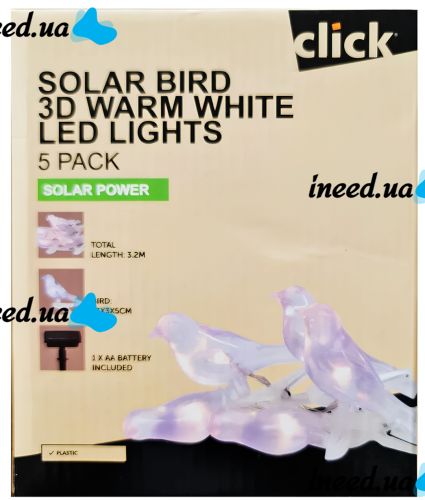Садовая гирлянда Garden Line SOL6063 3.2 м 5 LED фонариков на прищепках, светильники Птички Solar Bird 3D на солнечной батарее для сада Теплый белый