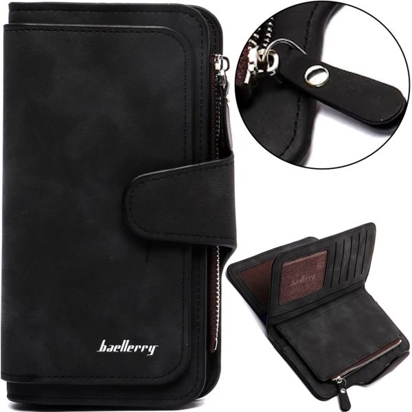 Women's suede wallet Baellerry Forever N2345 Black Women's mini purse with 10 compartments for bills and small change 19x10.5 cm Black