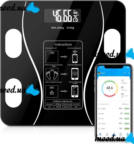 Электронные напольные фитнес весы Digital A-8003 Black до 180 кг c Bluetooth и приложением на телефон, Черные умные смарт весы с Led дисплеем