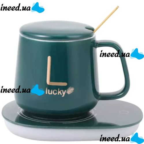 Подарочный набор керамическая кружка с крышкой и подставкой с подогревом Coffee Cup Lucky 400мл, Блюдце чашка и подогреватель для чашки с ложкой