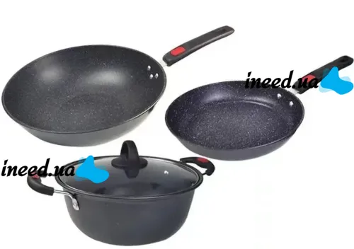 Кухонный набор посуды Longziwei WOK HH23-005 2 сковородки и казанок для приготовления еды 3в1, Казан и сковорода с антипригарным покрытием MAG-782