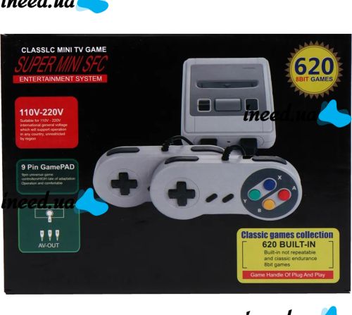 Портативная игровая ретро приставка Dendy 620 игр Денди 8 Bit Super Mini SFC, Детская консоль 8 бит с двумя джойстиками и встроенными играми Серая