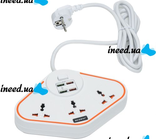 Универсальный сетевой фильтр удлинитель Anti-Static Socket Remax BKL-07 на 3 розетки 4 USB 3.4A, Электрический тройник с предохранителем PS07 Белый