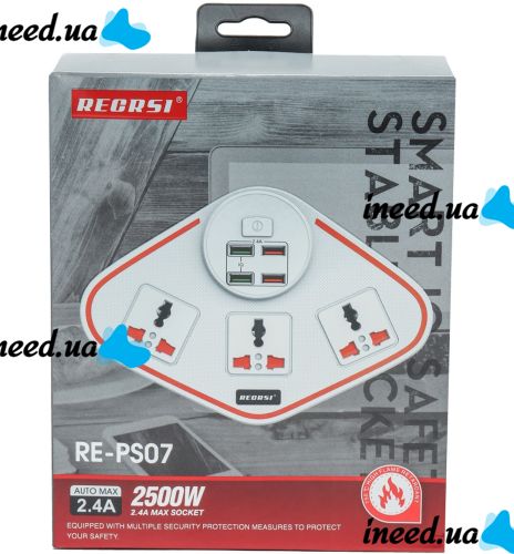 Универсальный сетевой фильтр удлинитель Anti-Static Socket Remax BKL-07 на 3 розетки 4 USB 3.4A, Электрический тройник с предохранителем PS07 Белый