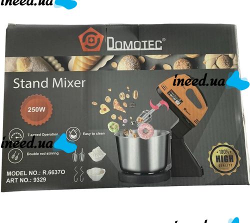 Стационарный погружной миксер с чашей на 2л Domotec R.6637O с насадками для взбивания теста 250W, Кухонный ручной электромиксер Домотек Тестомес