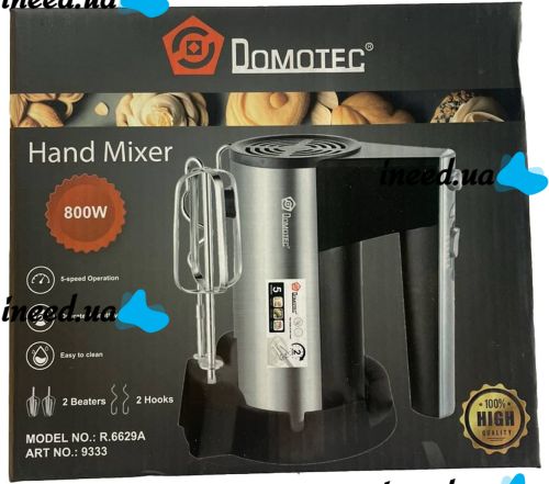 Manual kitchen mixer Domotec R.6629A for kneading dough with 2 types of nozzles on a stand 800W, Electric dough mixer Domotek 800W 5 speeds