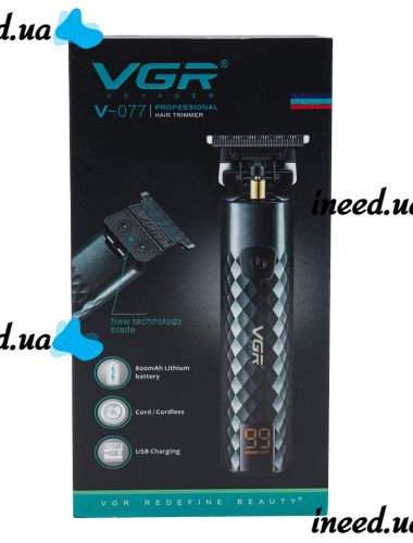 Беспроводная аккумуляторная машинка VGR V-077 для стрижки волос, Аккумуляторный триммер бритва для окантовки бороды и усов с LCD дисплеем и насадками