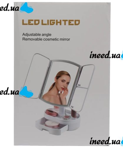 Настольное тройное зеркало Led Lighted WX-810 с подсветкой и органайзером для хранения косметики, Косметическое аккумуляторное зеркало с увеличением