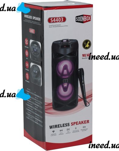 Беспроводная Bluetooth колонка динамик SoonBox S4403 с LED подсветкой 10W и микрофоном, Аккумуляторная блютуз акустика караоке USB SD FM AUX Черная