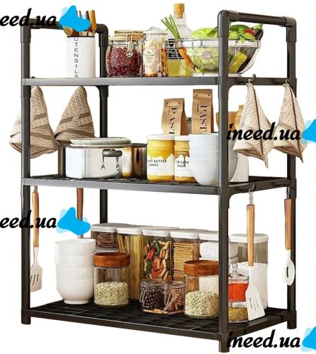 Кухонная полка органайзер Kitchen Storage Rack YX544-4 для хранения кухонных принадлежностей 3 яруса уровня, Стойка стеллаж с крючками для кухни