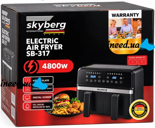 Двойная аэрогриль мультипечь Skyberg SB-317 10 л 4800W сенсорная двухкамерная аэрофритюрница с 2 корзинами, таймером и регулировкой температуры
