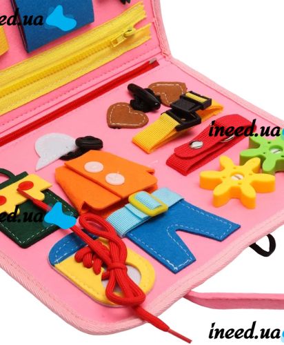 Developmental sensorimotor board Lesko 5462 Pink bisiboard for learning and development of babies, Montessori handbag developing motor skills and sensorics of children