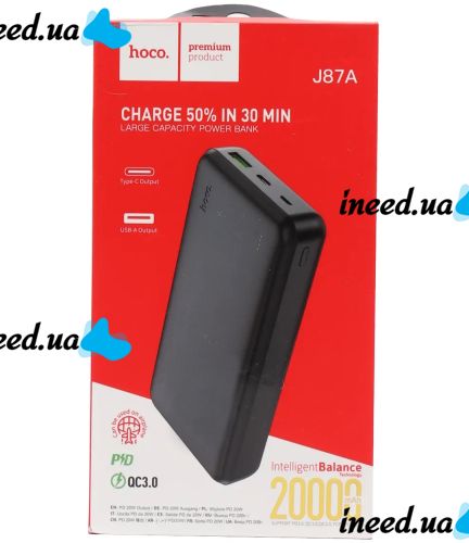 Внешний аккумулятор с быстрой зарядкой Power Bank Hoco J87A 20000mAh PD20W+QC3.0(22.5W), Портативная батарея повербанк Хоко с выходом Type-C Черный