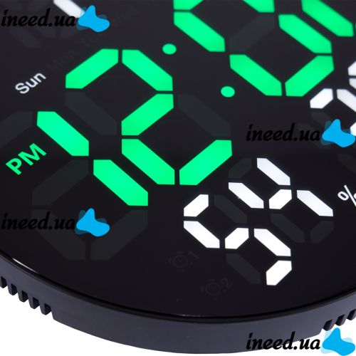 Электронные настенные часы LED Wall Clock DS-3813L 26см с будильником и календарем, Цифровые круглые часы зеленые с белым на стену от USB Черные