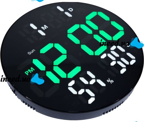 Электронные настенные часы LED Wall Clock DS-3813L 26см с будильником и календарем, Цифровые круглые часы зеленые с белым на стену от USB Черные