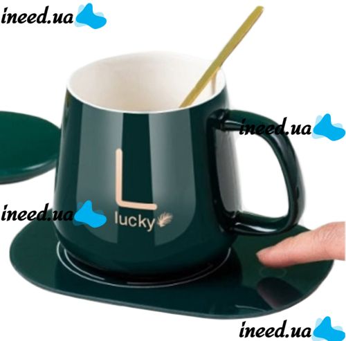 Подарочный набор керамическая кружка с крышкой и подставкой с подогревом Coffee Cup Lucky 400мл, Блюдце чашка и подогреватель для чашки с ложкой