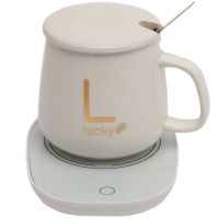 Подарочный набор керамическая кружка с крышкой и подставкой с подогревом Coffee Cup Lucky 400мл, Блюдце чашка и подогреватель для чашки с ложкой